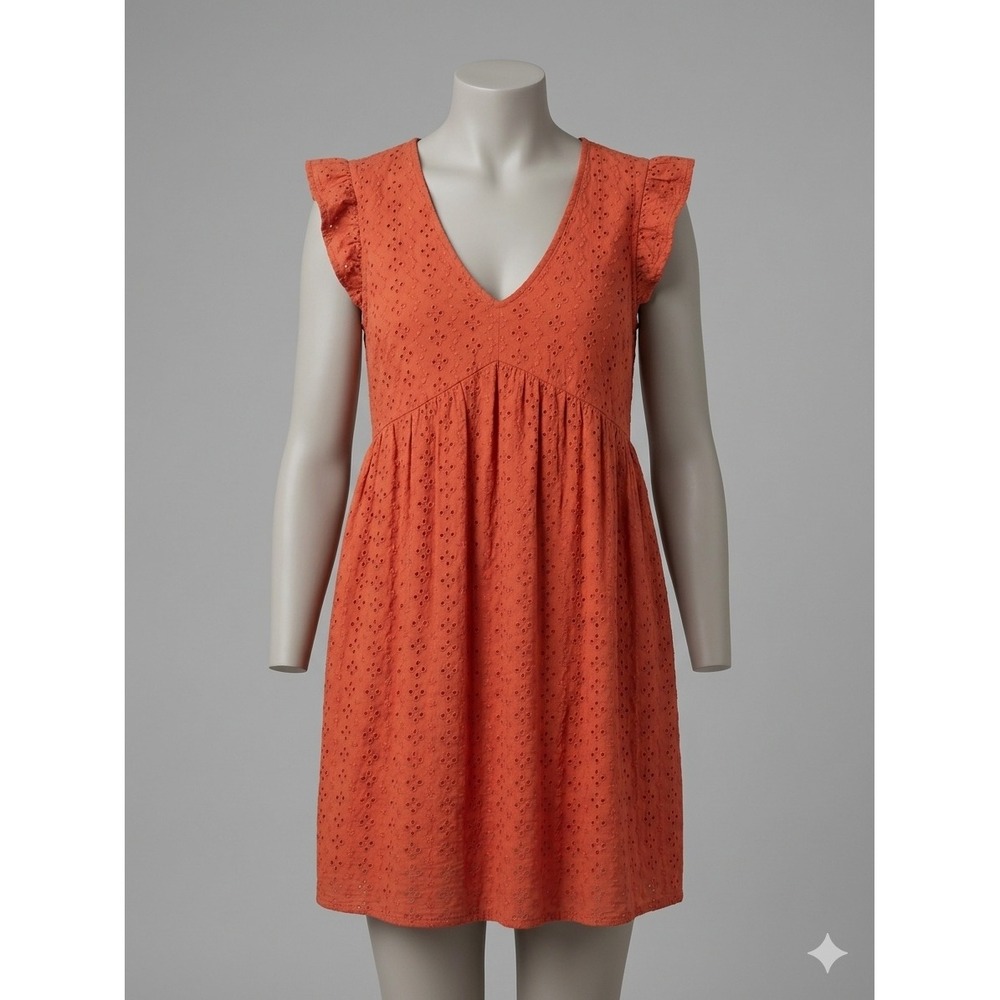Knox Rose Burnt Orange Cotton Eyelet Ruffle Sleeve Babydoll Mini Dress Large